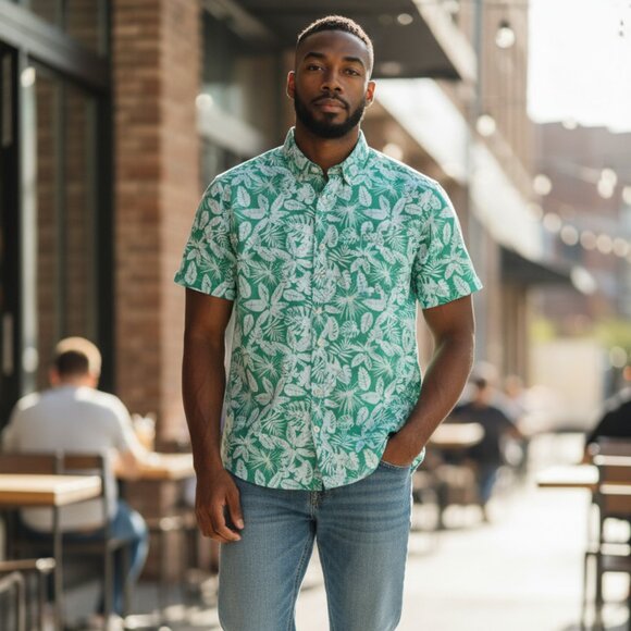 Banana Republic Green Hawaiian Button Down Short Sleeve Men Shirt - Picture 2 of 6